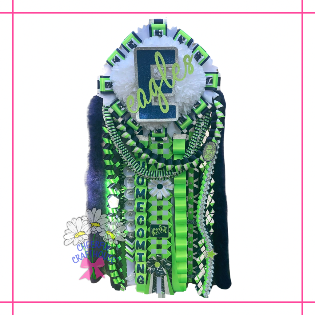 Eaton High School, Navy blue, Lime Green and White Homecoming mums, Quad mum. Supreme Mum.