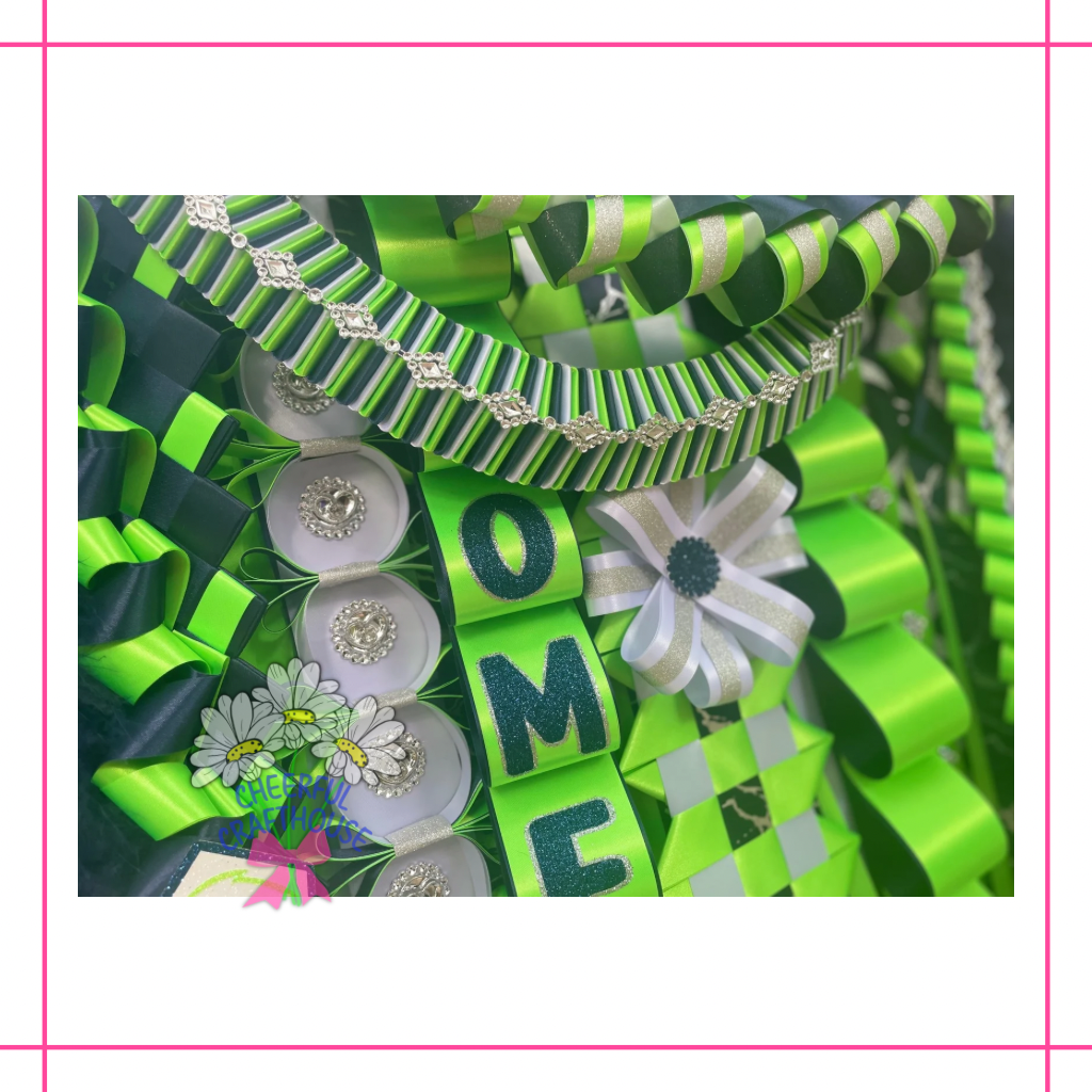 Lime Green, Navy, White, Eaton Eagles Homecoming mums.