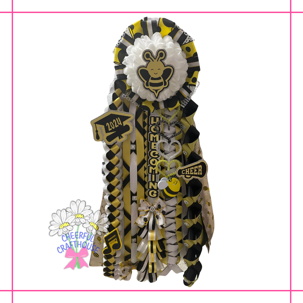 Yellow, Black and White, Bumble Bee Homecoming mum.