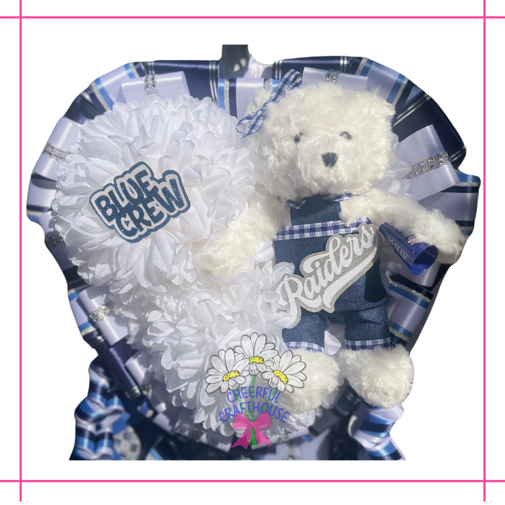 Double w/ Bear Homecoming mum, Navy, Columbia Blue and White. Blue Crew Homecoming mum