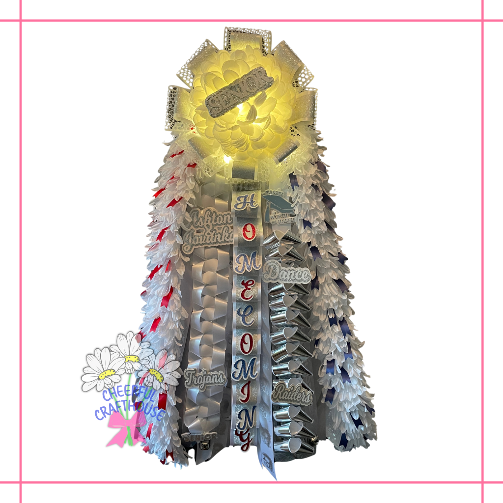 Trinity High School Homecoming Senior mum. White, Silver, Red and Black. Matching mum and garter.