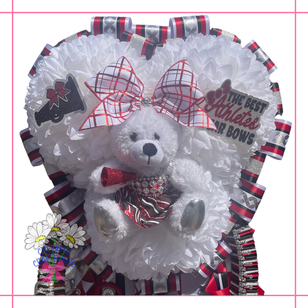 Red, Black and White Cheer Homecoming mums, Trinity High School, Marcus High School, McArthur High School. Bows, Cheer Bear