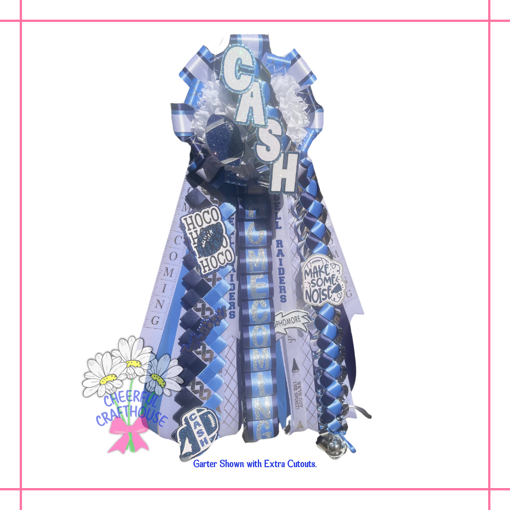 White, Columbia Blue, LD Bell Homecoming mum and garter. Sophomore. Custom upgrades.