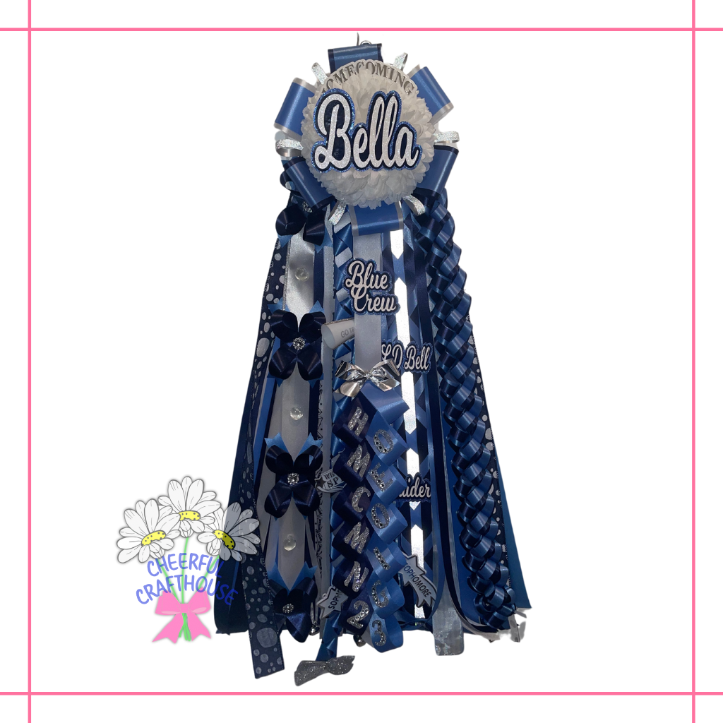 Navy, Columbia Blue, Bell Homecoming mum. Sophomore mum.