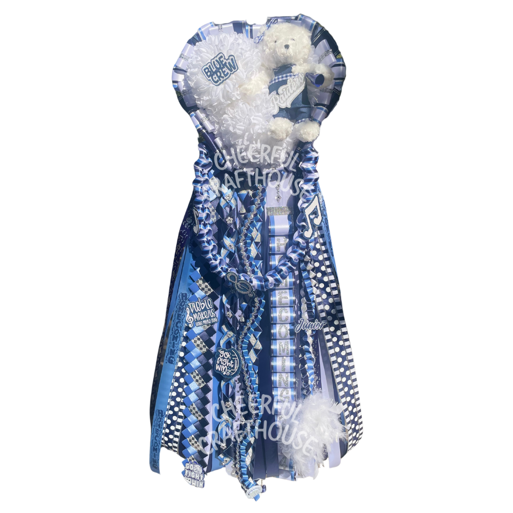 Navy, Columbia Blue, ant White. LD Bell Junior homecoming mums.