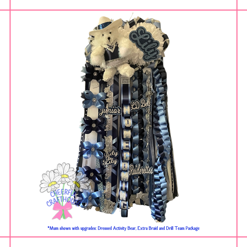 Homecoming mum, Navy, Columbia Blue, Specialty braids.